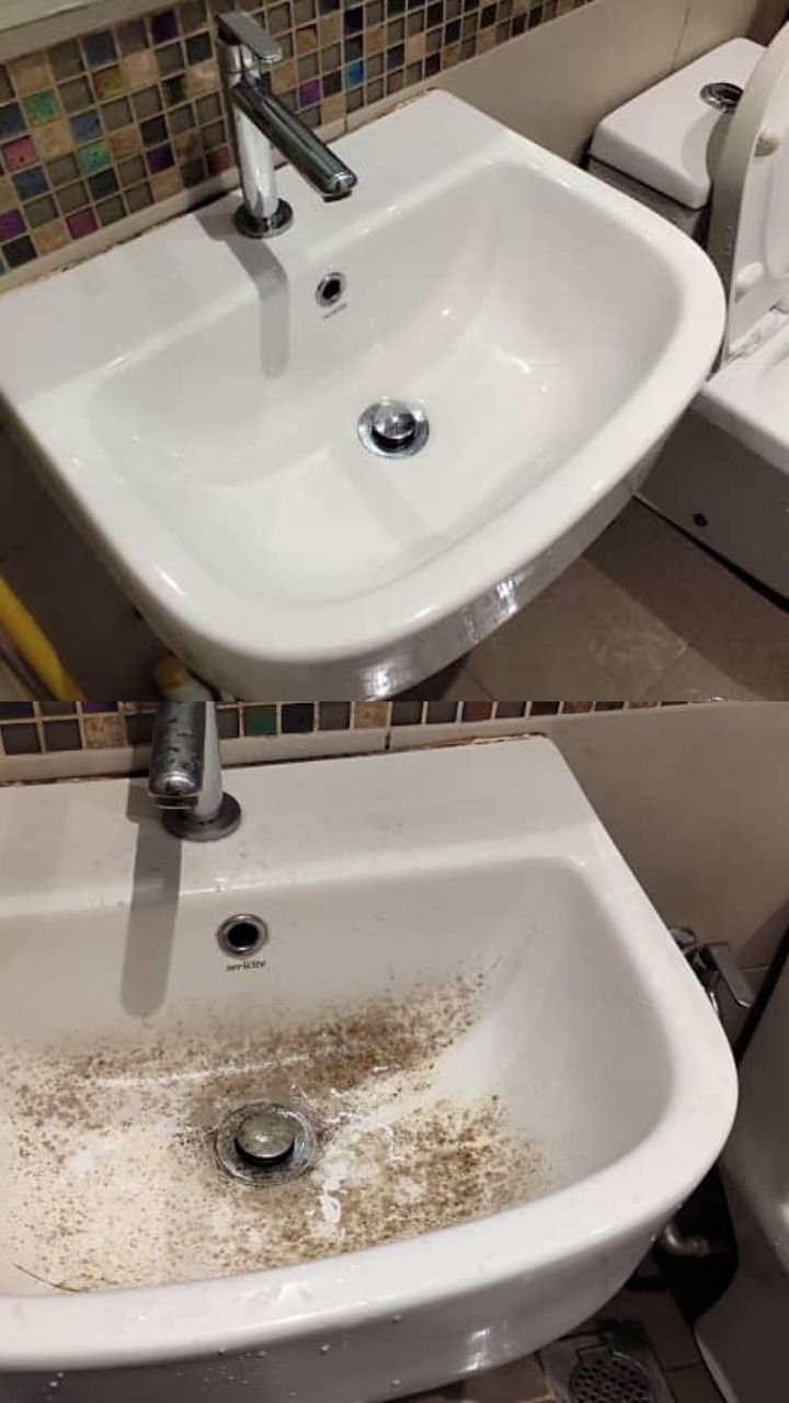 Bathroom sink before and after cleaning